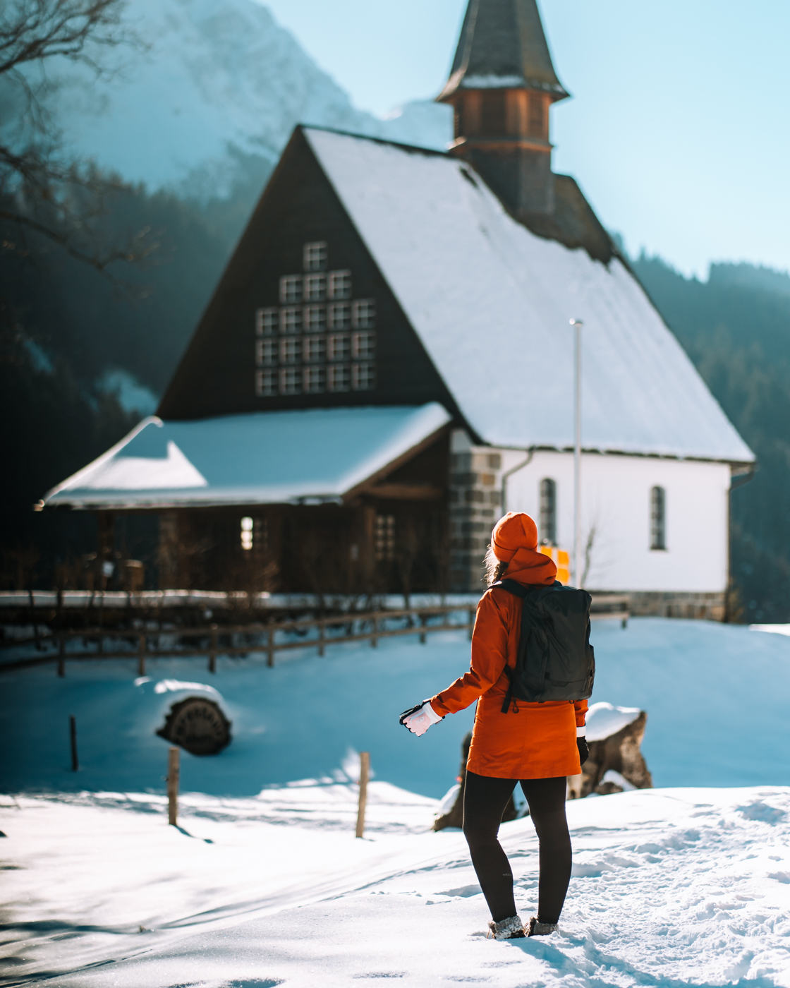 Standing in the snowy Switzerland Wonderlandd infront of the Ahornkappel on my way to Leuenfall in Appenzell, Switzerland.