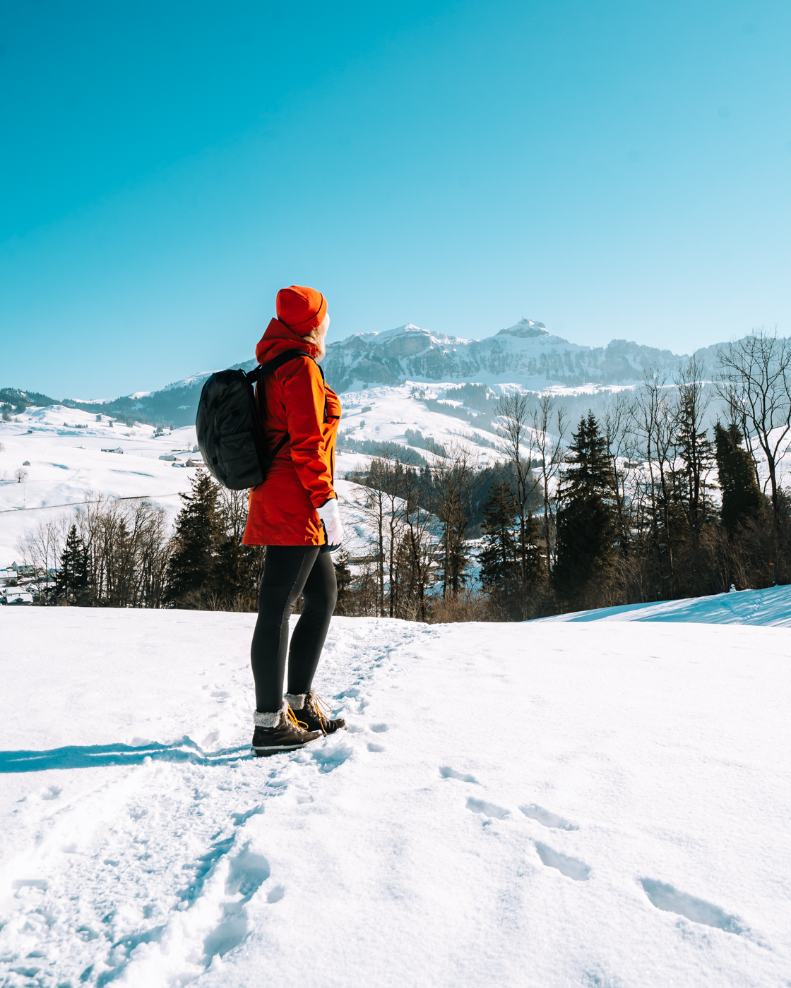 Standing in the Winter Wonderland of Switzerland with view of the Appenzell Mountains.