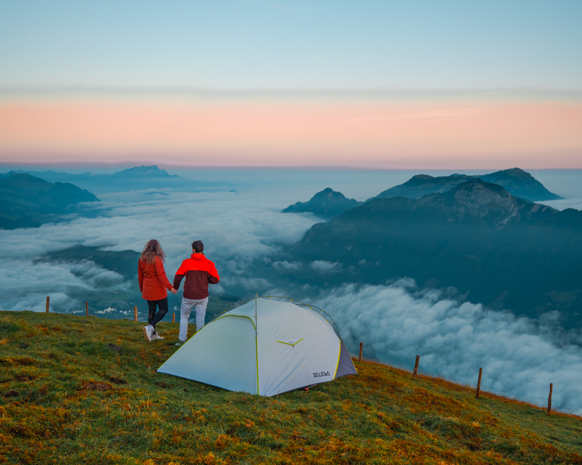 Camping with a tent on a mountain in Switzerland